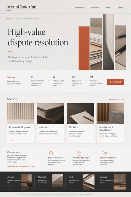 Legal website design for United States, showing a clear opening, service information, supporting content, and a focused inquiry action.