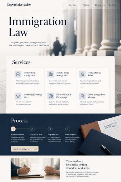 Legal website design for United States, showing a clear opening, service information, supporting content, and a focused inquiry action.