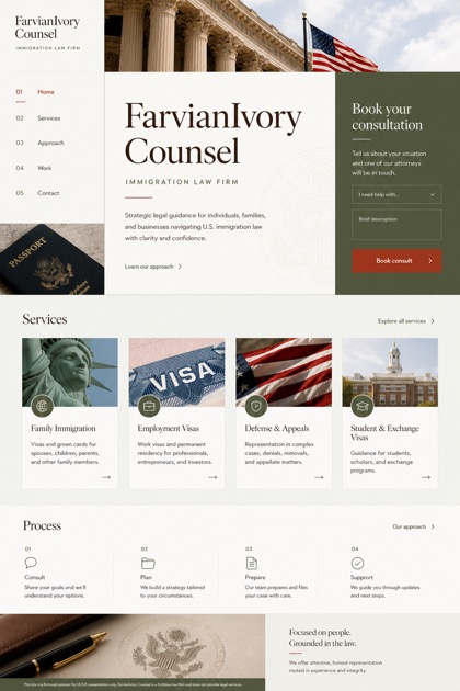 Legal website design for United States, showing a clear opening, service information, supporting content, and a focused inquiry action.