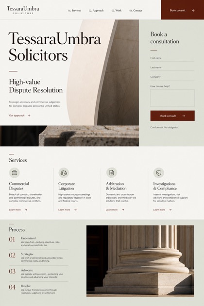 Legal website design for United States, showing a clear opening, service information, supporting content, and a focused inquiry action.