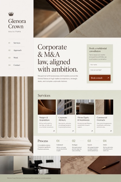 Legal website design for United States, showing a clear opening, service information, supporting content, and a focused inquiry action.