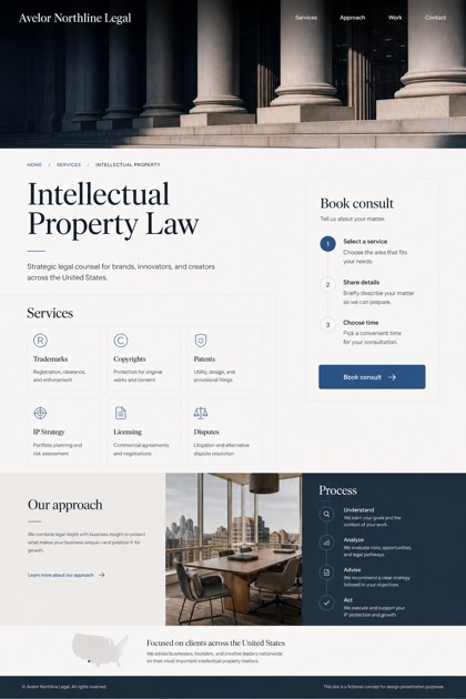 Legal website design for United States, showing a clear opening, service information, supporting content, and a focused inquiry action.