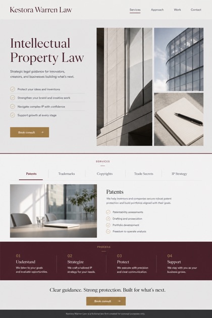 Legal website design for United States, showing a clear opening, service information, supporting content, and a focused inquiry action.