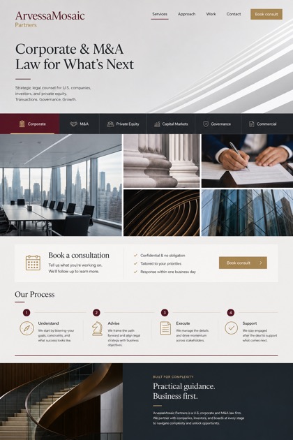 Legal website design for United States, showing a clear opening, service information, supporting content, and a focused inquiry action.