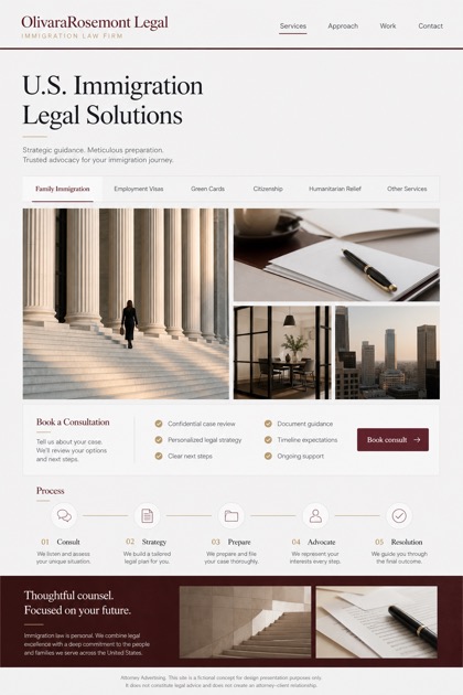 Legal website design for United States, showing a clear opening, service information, supporting content, and a focused inquiry action.