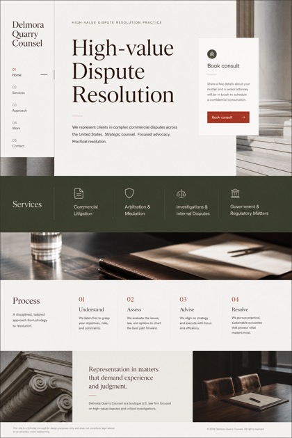 Legal website design for United States, showing a clear opening, service information, supporting content, and a focused inquiry action.