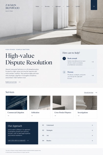 Legal website design for United States, showing a clear opening, service information, supporting content, and a focused inquiry action.