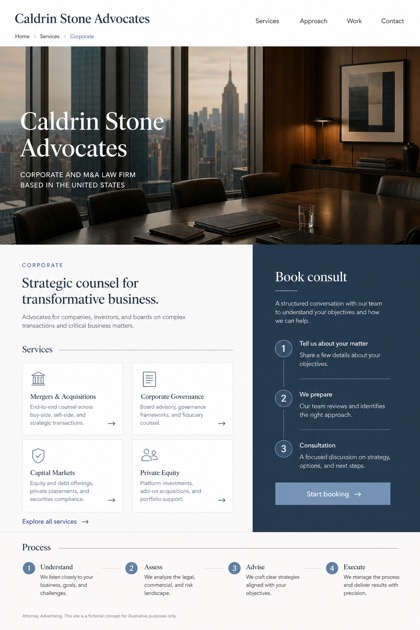 Legal website design for United States, showing a clear opening, service information, supporting content, and a focused inquiry action.