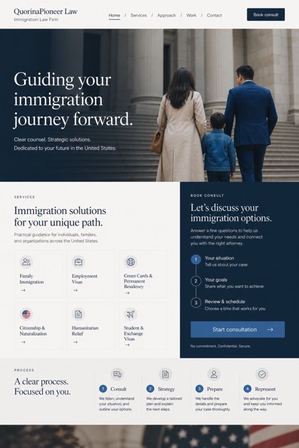 Legal website design for United States, showing a clear opening, service information, supporting content, and a focused inquiry action.