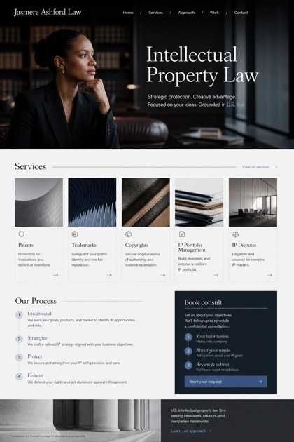 Legal website design for United States, showing a clear opening, service information, supporting content, and a focused inquiry action.