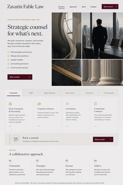 Legal website design for United States, showing a clear opening, service information, supporting content, and a focused inquiry action.