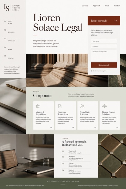 Legal website design for United States, showing a clear opening, service information, supporting content, and a focused inquiry action.