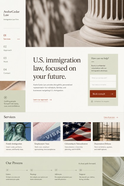 Legal website design for United States, showing a clear opening, service information, supporting content, and a focused inquiry action.