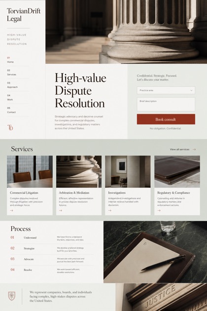 Legal website design for United States, showing a clear opening, service information, supporting content, and a focused inquiry action.