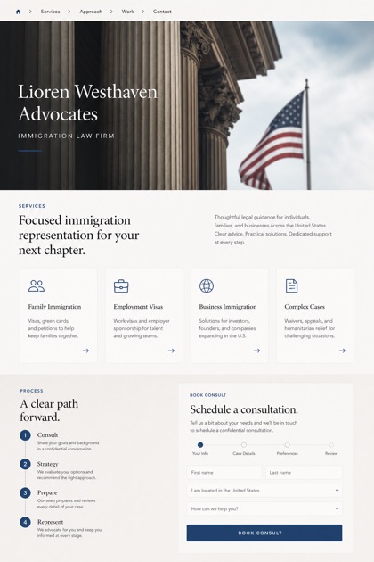 Legal website design for United States, showing a clear opening, service information, supporting content, and a focused inquiry action.