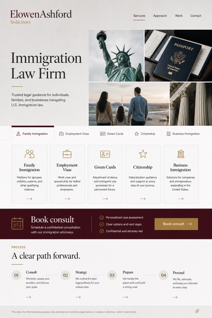 Legal website design for United States, showing a clear opening, service information, supporting content, and a focused inquiry action.