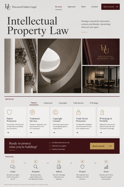 Legal website design for United States, showing a clear opening, service information, supporting content, and a focused inquiry action.