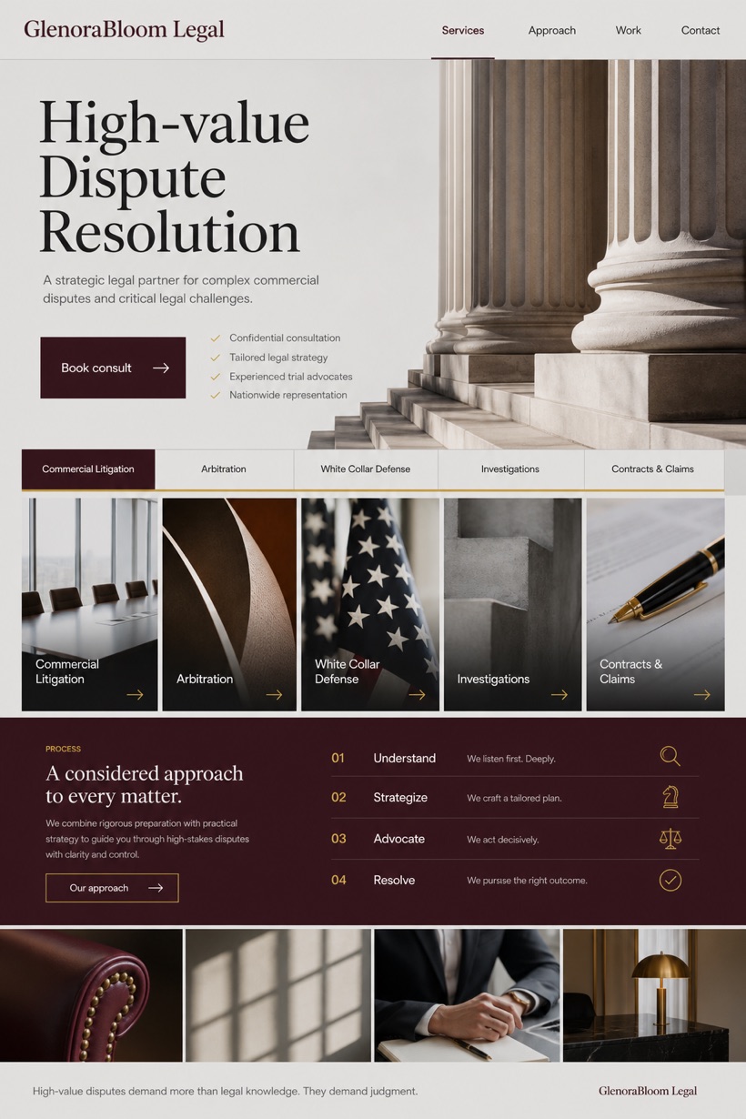 Legal website design for United States, showing a clear opening, service information, supporting content, and a focused inquiry action.