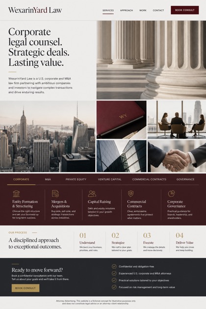 Legal website design for United States, showing a clear opening, service information, supporting content, and a focused inquiry action.