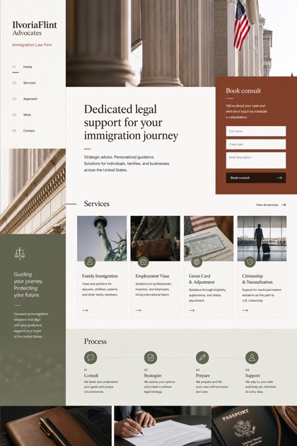 Legal website design for United States, showing a clear opening, service information, supporting content, and a focused inquiry action.