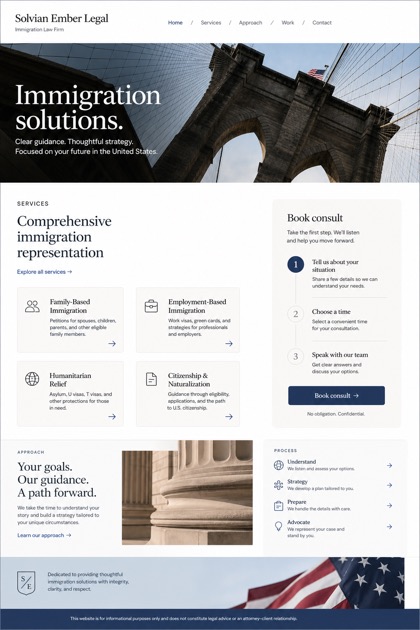 Legal website design for United States, showing a clear opening, service information, supporting content, and a focused inquiry action.