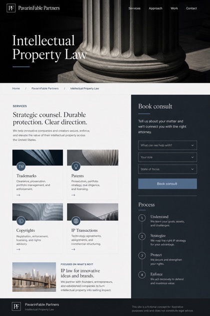 Legal website design for United States, showing a clear opening, service information, supporting content, and a focused inquiry action.