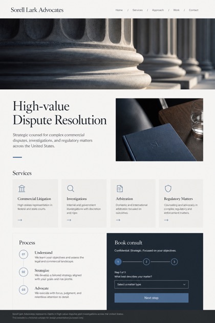 Legal website design for United States, showing a clear opening, service information, supporting content, and a focused inquiry action.