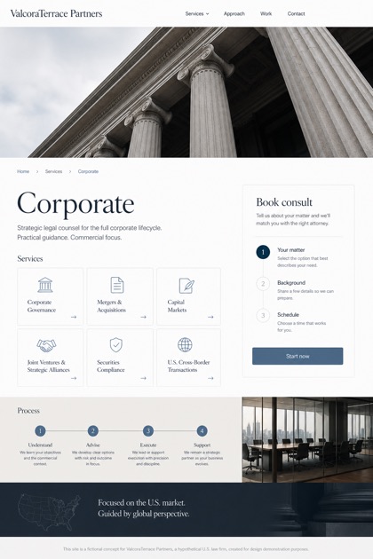 Legal website design for United States, showing a clear opening, service information, supporting content, and a focused inquiry action.