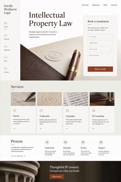 Legal website design for United States, showing a clear opening, service information, supporting content, and a focused inquiry action.