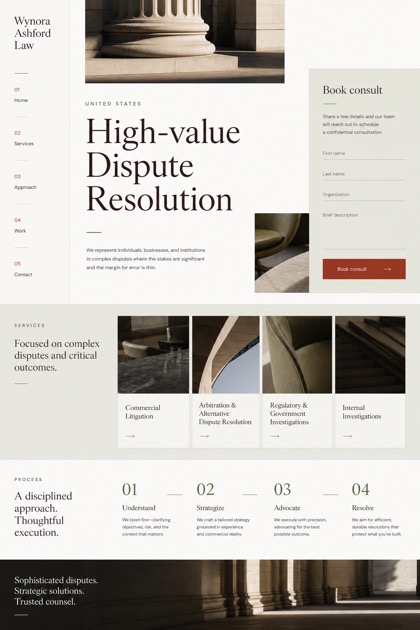 Legal website design for United States, showing a clear opening, service information, supporting content, and a focused inquiry action.