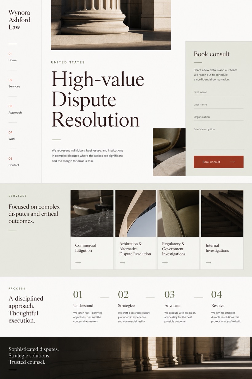 Legal website design for United States, showing a clear opening, service information, supporting content, and a focused inquiry action.