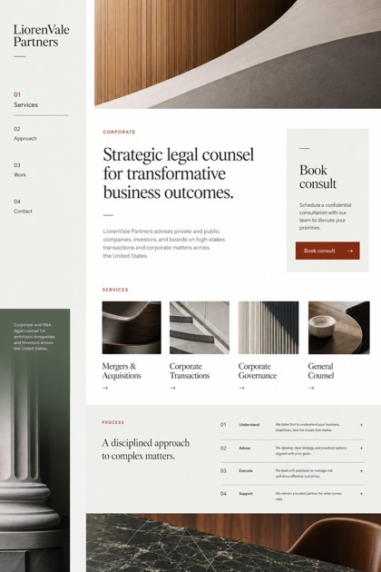 Legal website design for United States, showing a clear opening, service information, supporting content, and a focused inquiry action.