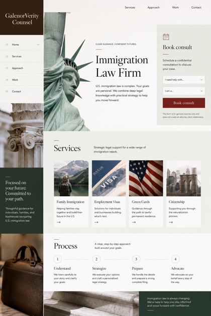 Legal website design for United States, showing a clear opening, service information, supporting content, and a focused inquiry action.