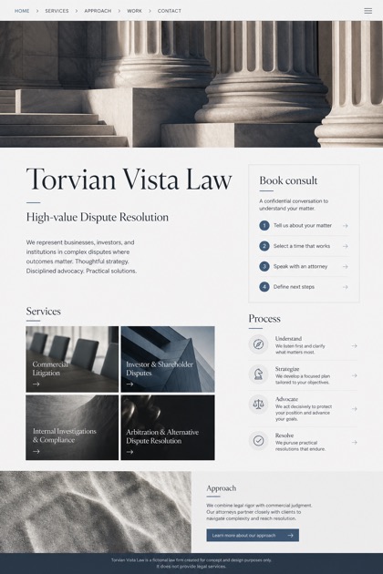 Legal website design for United States, showing a clear opening, service information, supporting content, and a focused inquiry action.