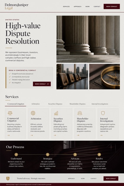 Legal website design for United States, showing a clear opening, service information, supporting content, and a focused inquiry action.