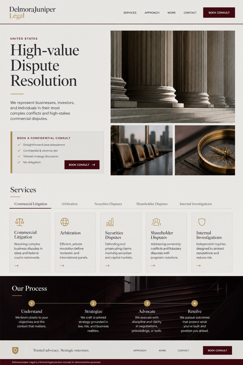 Legal website design for United States, showing a clear opening, service information, supporting content, and a focused inquiry action.