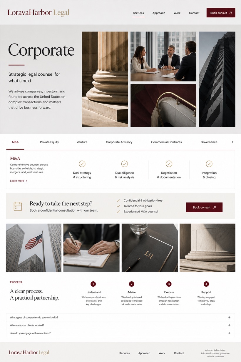 Legal website design for United States, showing a clear opening, service information, supporting content, and a focused inquiry action.