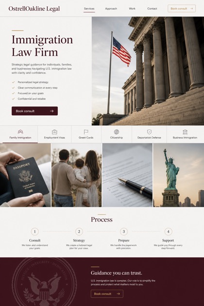 Legal website design for United States, showing a clear opening, service information, supporting content, and a focused inquiry action.