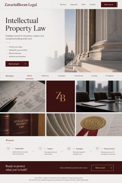 Legal website design for United States, showing a clear opening, service information, supporting content, and a focused inquiry action.