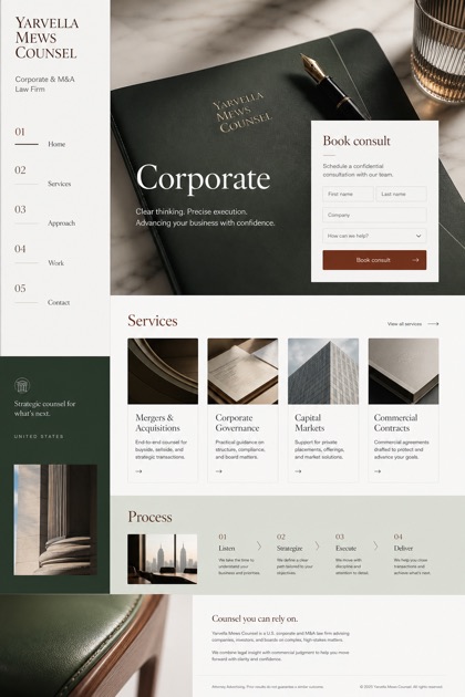 Legal website design for United States, showing a clear opening, service information, supporting content, and a focused inquiry action.