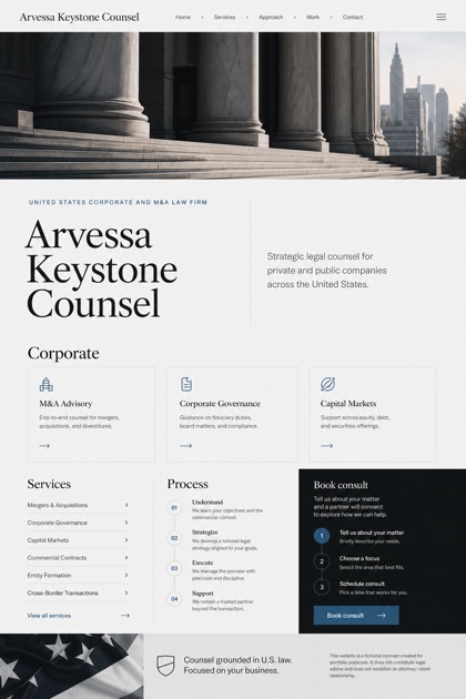 Legal website design for United States, showing a clear opening, service information, supporting content, and a focused inquiry action.