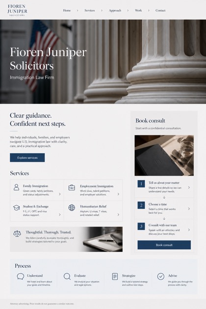 Legal website design for United States, showing a clear opening, service information, supporting content, and a focused inquiry action.