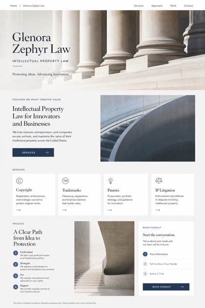 Legal website design for United States, showing a clear opening, service information, supporting content, and a focused inquiry action.
