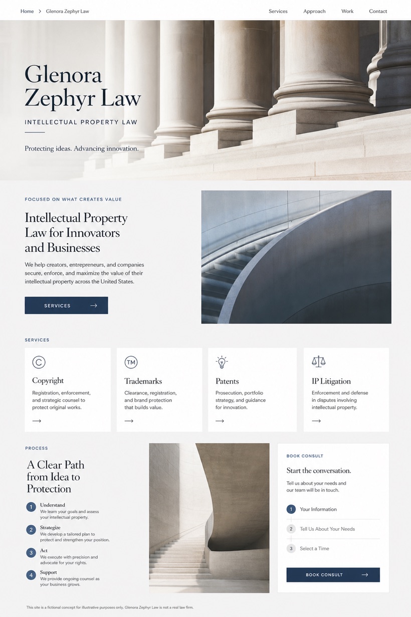 Legal website design for United States, showing a clear opening, service information, supporting content, and a focused inquiry action.