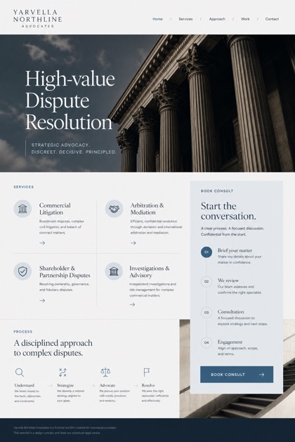 Legal website design for United States, showing a clear opening, service information, supporting content, and a focused inquiry action.