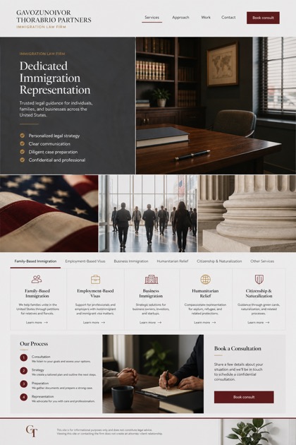 Legal website design for United States, showing a clear opening, service information, supporting content, and a focused inquiry action.
