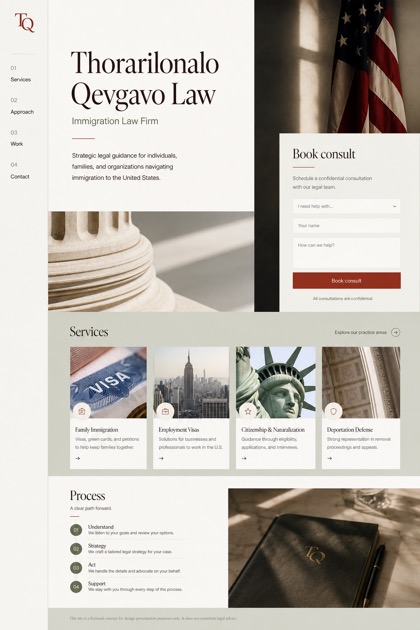 Legal website design for United States, showing a clear opening, service information, supporting content, and a focused inquiry action.
