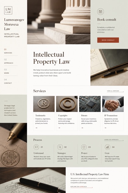 Legal website design for United States, showing a clear opening, service information, supporting content, and a focused inquiry action.