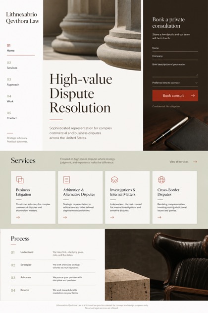 Legal website design for United States, showing a clear opening, service information, supporting content, and a focused inquiry action.