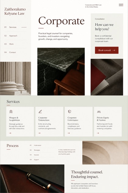 Legal website design for United States, showing a clear opening, service information, supporting content, and a focused inquiry action.